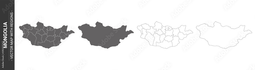 set of 4 political maps of Mongolia with regions isolated on white background	
