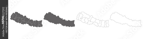 set of 4 political maps of Nepal with regions isolated on white background 