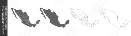 set of 4 political maps of Mexico with regions isolated on white background	