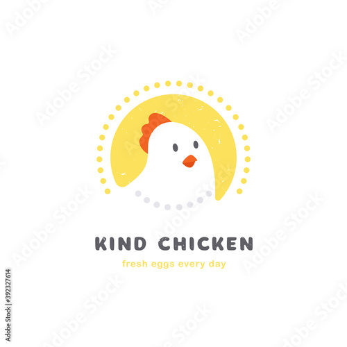 Kind Chicken logo concept. Cute cartoon laying hen. Logo template for poultry farm. For restaurant or cafe menu, packaging, butcher shops and chicken farm. Fresh eggs every day slogan.