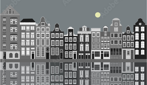 Houses and their reflection in the water in the Amsterdam city. Illustration in Flat Style. Can be used in web-design, infographics, banner, flyers, checklists