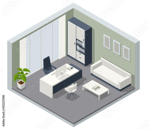 Isometric VIP office furniture. CEO office interior with a wooden table, a computer. Interior of stylish conference room