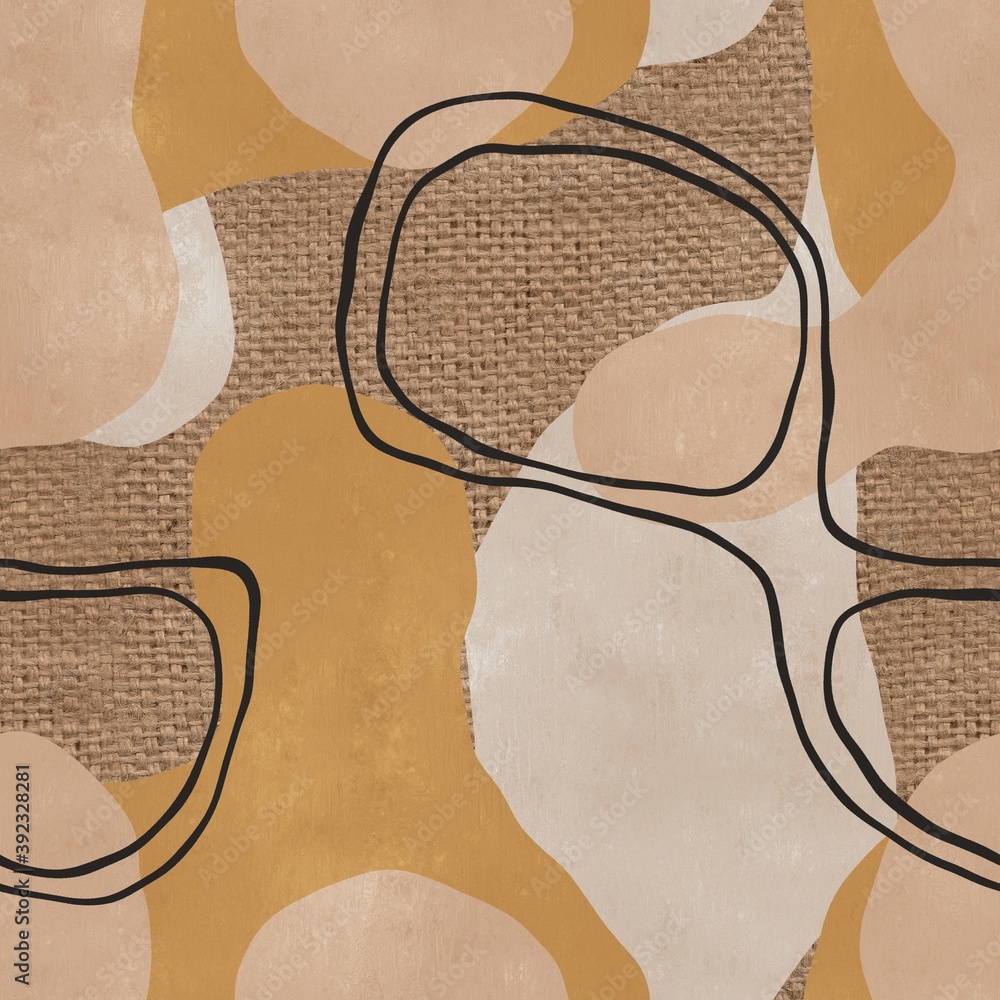 Seamless organic rounded curvy shapes on burlap fabric. High quality illustration. Rounded contours and soft edge abstract placement of minimalist motifs. Broken fragments in tone-on-tone colors