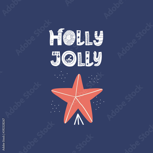 Holly Jolly congratulation phrase flat vector illustration