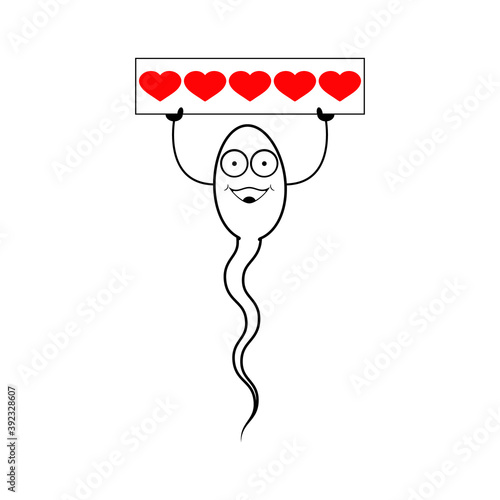 Spermatozoon character with face holding a sign board with red hearts. Isolated outline vector illustration, icon on white background.