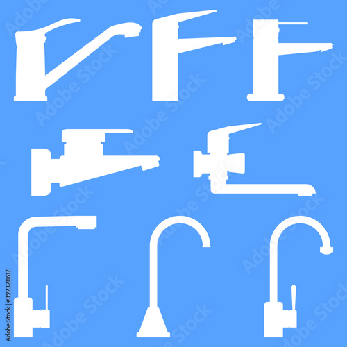A set of water taps for the kitchen and bathroom. White silhouettes on a blue background. Isolated vector illustrations, icons, logos.