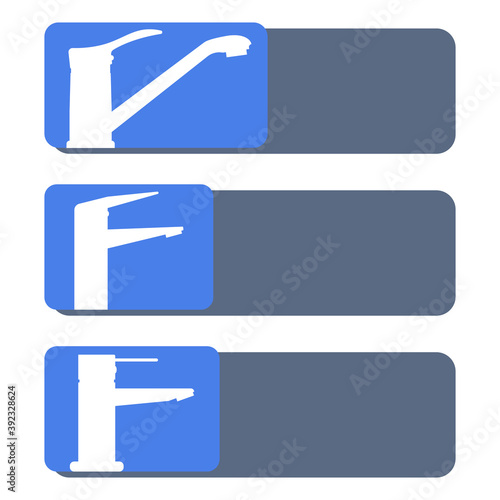Set of vector icons, logos of water faucets for the kitchen and bathroom. Design element for signboard, nameplate and other use with space for text or inscription. White silhouettes, blue background.