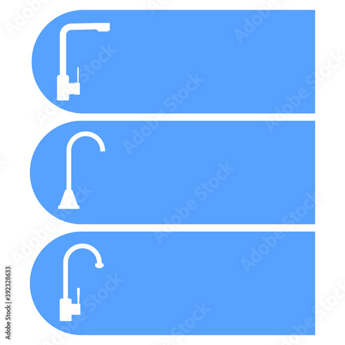 Set of vector icons, logos of water faucets for the kitchen and bathroom. Design element for signboard, nameplate and other use with space for text or inscription. White silhouettes, blue background.