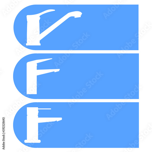 Set of vector icons, logos of water faucets for the kitchen and bathroom. Design element for signboard, nameplate and other use with space for text or inscription. White silhouettes, blue background.