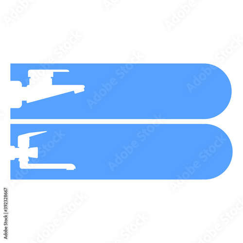 Set of vector icons, logos of water faucets for the kitchen and bathroom. Design element for signboard, nameplate and other use with space for text or inscription. White silhouettes, blue background.