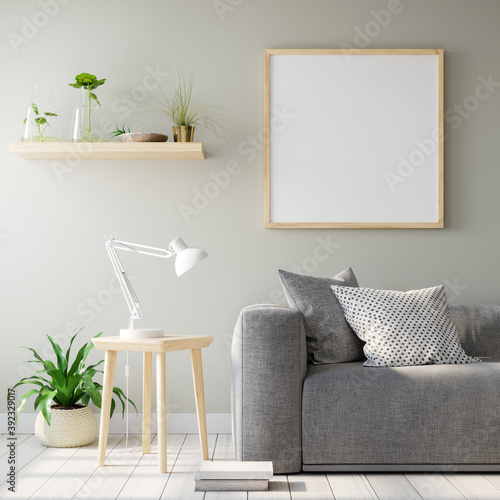 Poster mock up with wooden frame, sofa and green plants, wooden table with table lamp. 3d rendering, 3d illustration.