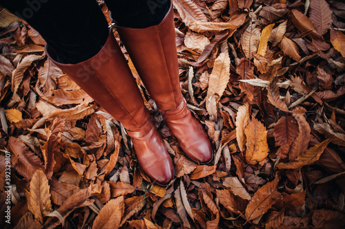 Riding Boots in leaves - Angle photo