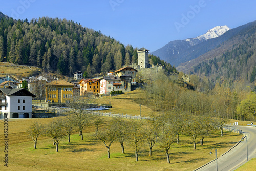 Castle San Michele and Ossana village of Val di Sole, Italy, Alps. Ossana is a comune (municipality) in Trentino in the northern Italian region Trentino-Alto Adige, Südtirol, Italy photo