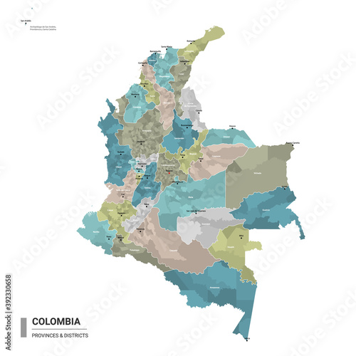 Colombia higt detailed map with subdivisions. Administrative map of Colombia with districts and cities name, colored by states and administrative districts. Vector illustration. photo