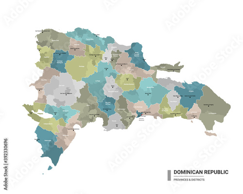 Dominican Republic higt detailed map with subdivisions. Administrative map of Dominican Republic with districts and cities name, colored by states and administrative districts. Vector illustration.