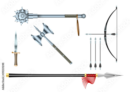 Realistic 3d Set Steel fighting cold weapon isolated on a white background. Vector Illustration