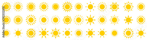 Sun icon set. Solar icons. Sun icons vector isolated on white background. Sunset icon collection. Summer, sunlight, nature, sky. Sunshine vector sign. Vector illustration