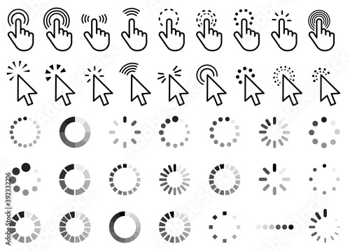 Computer mouse click cursor gray arrow icons set. Clicking cursor, pointing hand clicks and waiting loading icons.Hand icon design. Pointer click icon. loading icon.Vector illustration.