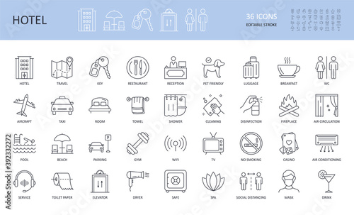 Vector hotel service icons. Editable stroke set. Travel key aircraft taxi room restaurant wc reception pet friendly. Casino luggage parking cleaning spa wifi elevator tv shower safe air conditioning