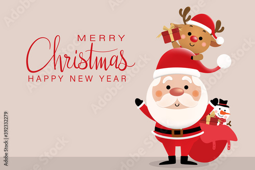 santa mesh_3Merry Christmas and happy new year 2021 greeting card with cute Santa Claus, deer and snowman. Holiday cartoon character in winter season. -Vector.