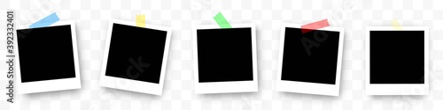 Photo Frame Collection. Polaroid photo frame set.Photo frames with realistic drop shadow vector effect isolated design.Photo frames fixed with adhesive tape on a transparent. Vector design background