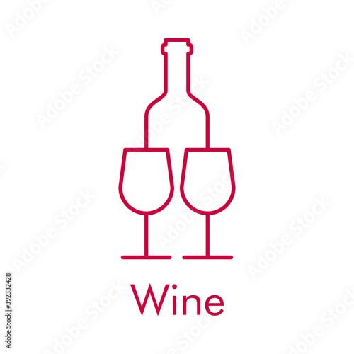 Logotipo con texto Wine con botella de vino con 2 copas  con líneas de color granate