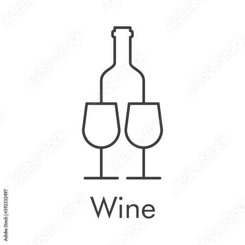 Logotipo con texto Wine con botella de vino con 2 copas  con líneas de color gris