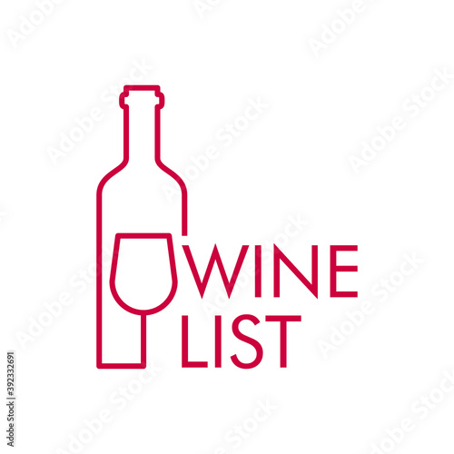 Logotipo con texto Wine List con botella de vino con copa  con líneas de color granate