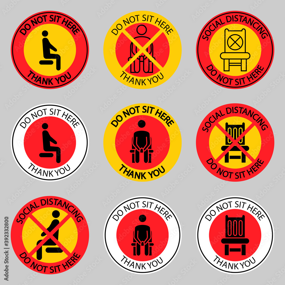 Do Not Sit Here Signage. Forbidden icons for seat. Safe social distance when you're sitting in a public place. Lockdown rule. Keep your distance when you are sitting. Forbidden chair Do Not Sit Here Signage. Forbidden icons for seat. Safe social distance when you're sitting in a public place. Lockdown rule. Keep your distance when you are sitting. Forbidden chair