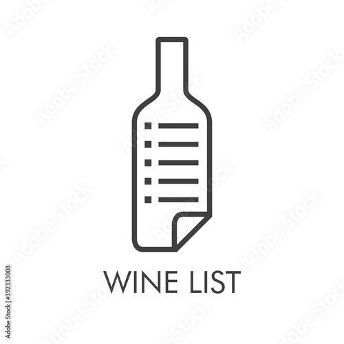 Logotipo con texto Wine List con botella de vino como pegatina de papel plegada con líneas de color gris
