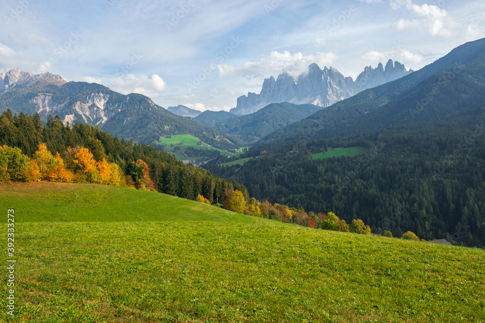 Typical beautiful landscape in the Dolomites, Val di Funes valley in the background with the Odle mountains