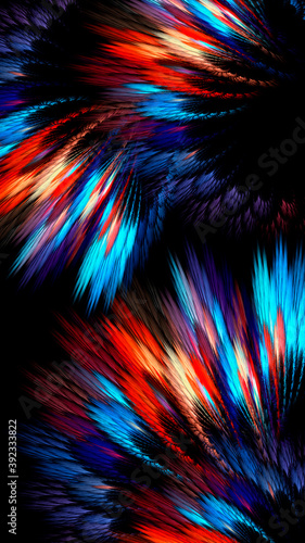 Abstract fractal multicolored neon background. Abstract butterflies, wings, feathers. Vertical banner.