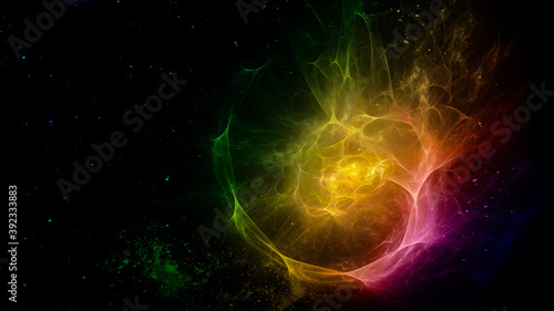 Abstract fractal background with cosmic glow. Colors of rainbow. Horizontal banner. Used for design and creativity  for screensavers.