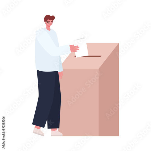 man voting with dark brown hair and white coat