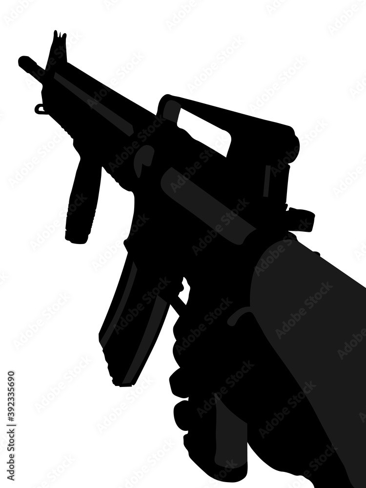 Fully automatic machine gun M 16 male hand holding a gun, gun in hand