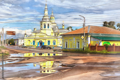 Russian old town Minusinsk with church colorful painting. photo