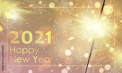 2021 happy new year banner, poster, holiday light yellow, gold background. Celebrate night party, sparkler little golden fireworks. Merry Christmas holiday design, decor. Vector illustration.