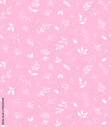 Elegant seamless pattern with plants and herbs. Hand drawn vector illustration.