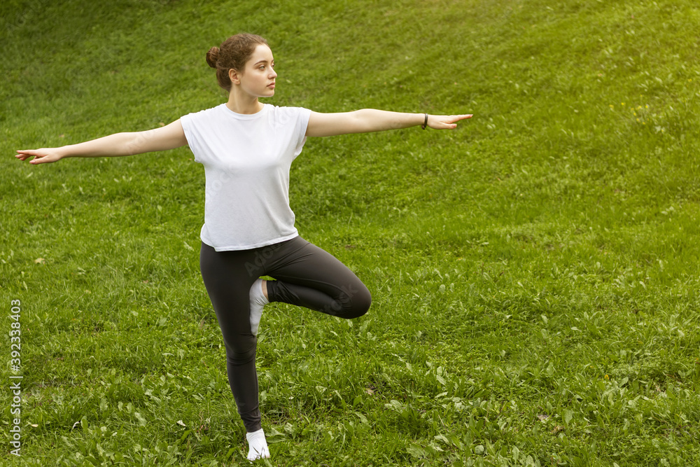 The girl in park doing yoga on the green grass. The girl in park doing yoga on the green grass.