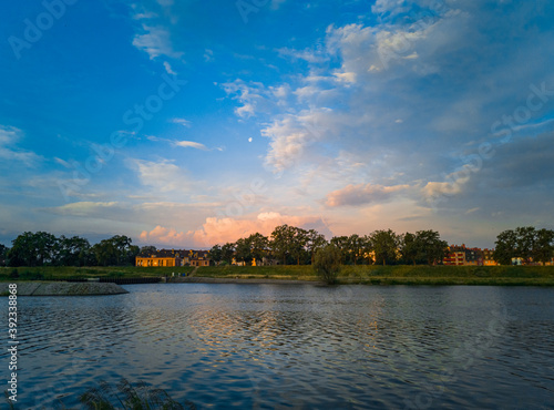 Morning landscape of coast and peninsula on Odra river in Wroclaw city