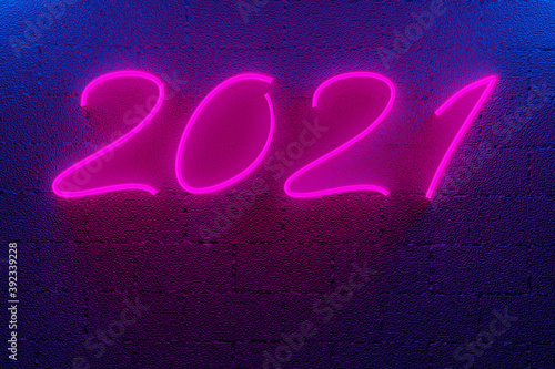 3d rendered new year 2021 pink neon numbers on a brick wall with blue neon lights