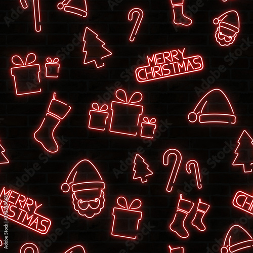 Seamless Christmas Pattern Neon Red Santa Hat Candy Cane Stockings