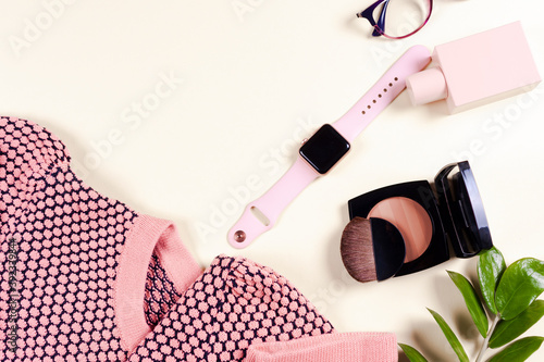 Fashion women clothing set and accessories. Vanilla Pastel colors.