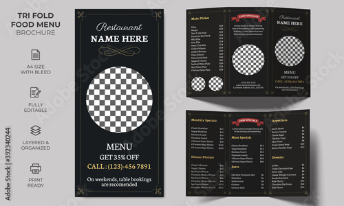 Vector Tri-fold Food Menu Brochure Template, simple style and modern layout