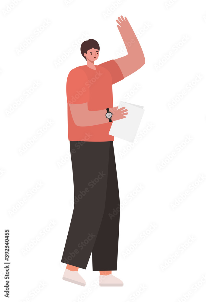 man with brown hair, a salmon color shirt and one paper man with brown hair, a salmon color shirt and one paper