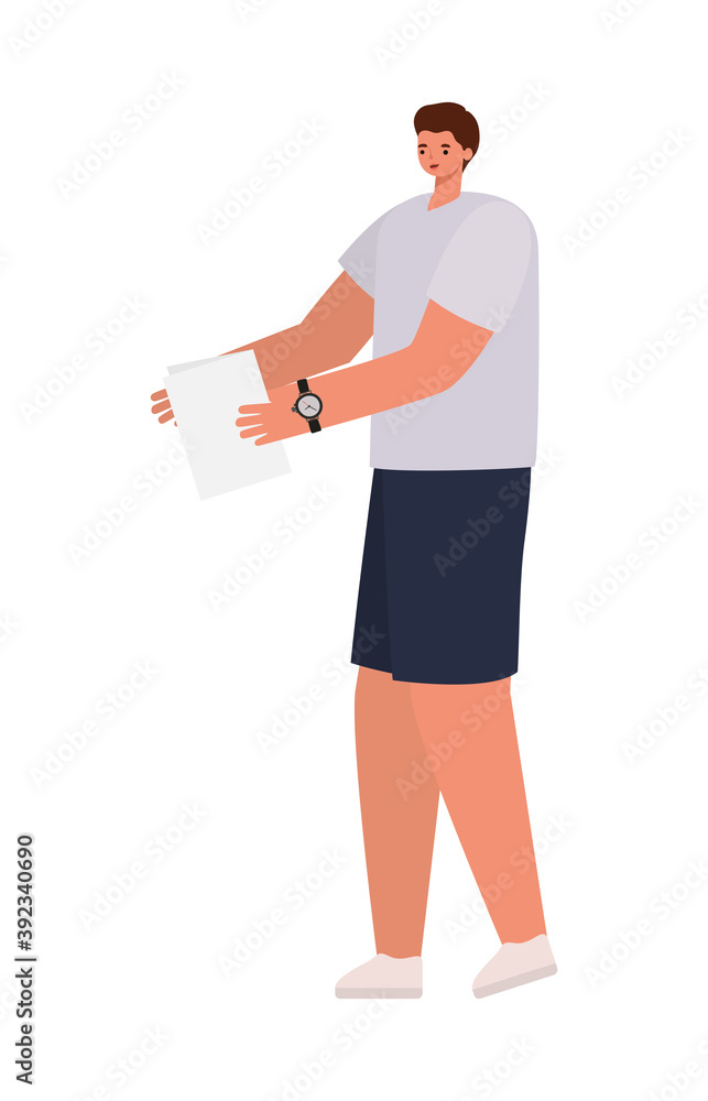man with brown hair, gray shirt, wristwatch and one paper man with brown hair, gray shirt, wristwatch and one paper