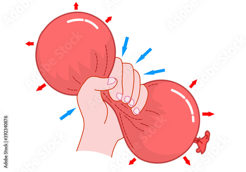 Hand squeezed balloon. Pascal’s principle or Pascal law. Fluid (gas, liquid) mechanics, When a pressure acts on a liquid in a closed system, the same pressure prevails throughout the system. Vector