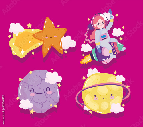 space adventure galaxy cartoon astronaut shooting star planets