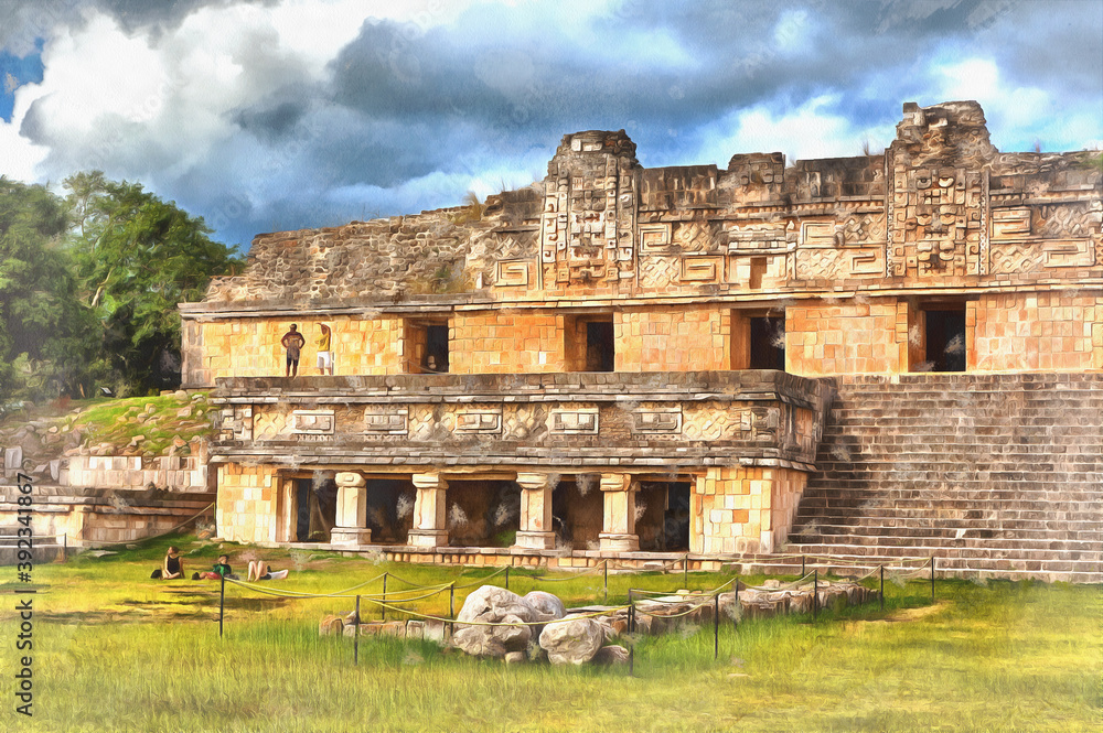 Mayan ruined city colorful painting