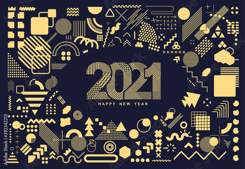 Memphis effect golden Happy New Year 2021. Vector number design template. Greeting card template. 2021 Christmas symbols for your design.Vector illustration. Isolated on white background. EPS 10.